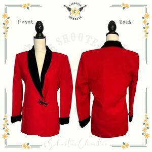 Vintage Valerie Stevens Women's Blazer Size 6 Red Wool Black Velvet Details